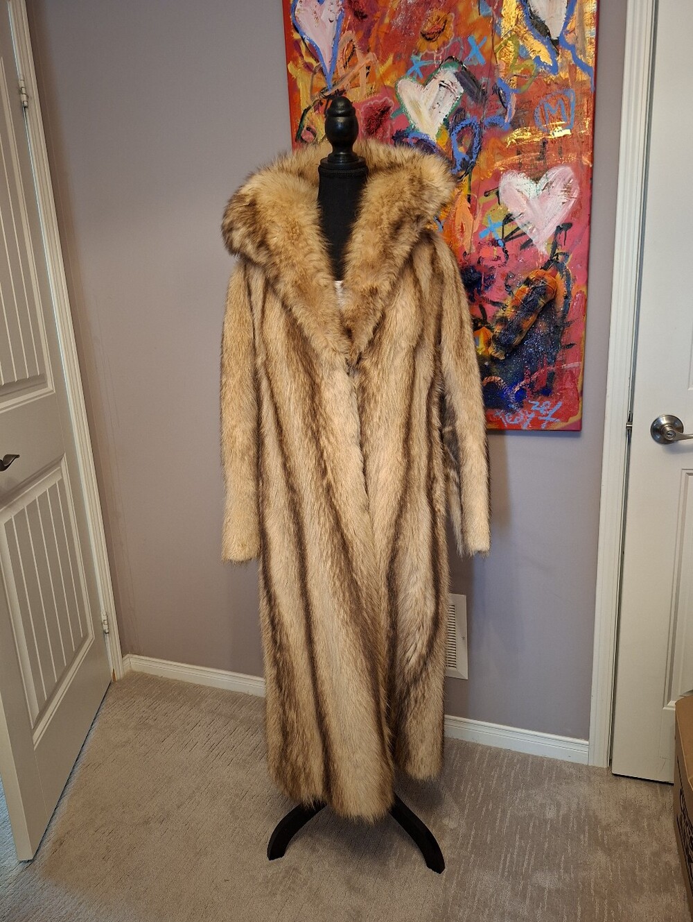 Vintage Natural Raccoon Fur Coat Full Length Dramatic Shawl Collar Large